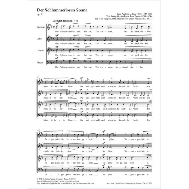 Der Schlummerlosen Sonne - B minor, Op. 9,1 : nr. 1 from: F&uuml;nf Lieder f&uuml;r gemischten Chor Op. 9, K&ouml;ln 1880