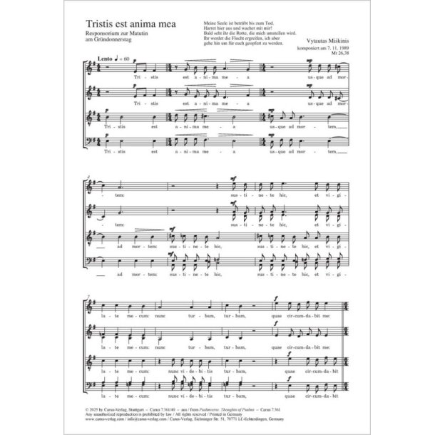 Tristis est anima mea : Responsory to Matins on Maundy Thursday