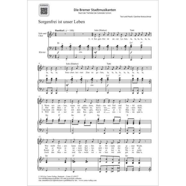 Sorgenfrei ist unser Leben : from: Die Bremer Stadtmusikanten. Nach der Tierfabel der Gebr&uuml;der Grimm