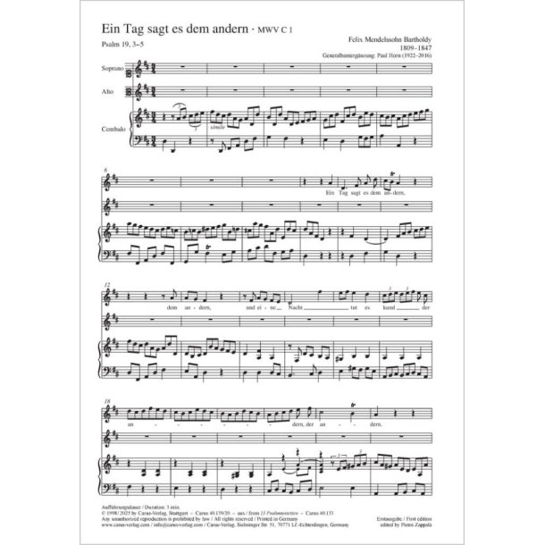 Ein Tag sagt es dem anderen : Psalm 19, 3-5 - D major - MWV C 1