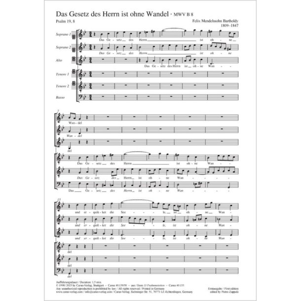 Das Gesetz des Herrn ist ohne Wandel : Psalm 19, 8 - G minor - MWV B 8