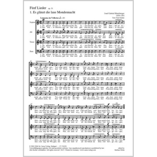 Rheinberger: F&uuml;nf Chorlieder [M&ouml;rike] op. 31