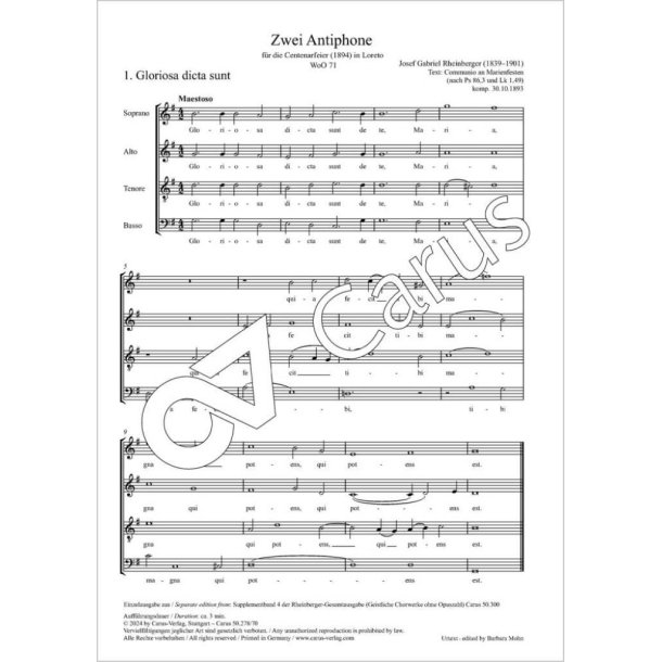 Two antiphons - WoO 71 : for the Centenary celebration in Loreto (1894) 1. Glorioso dicta sunt, 2. Gaudens gaudebo in Domino