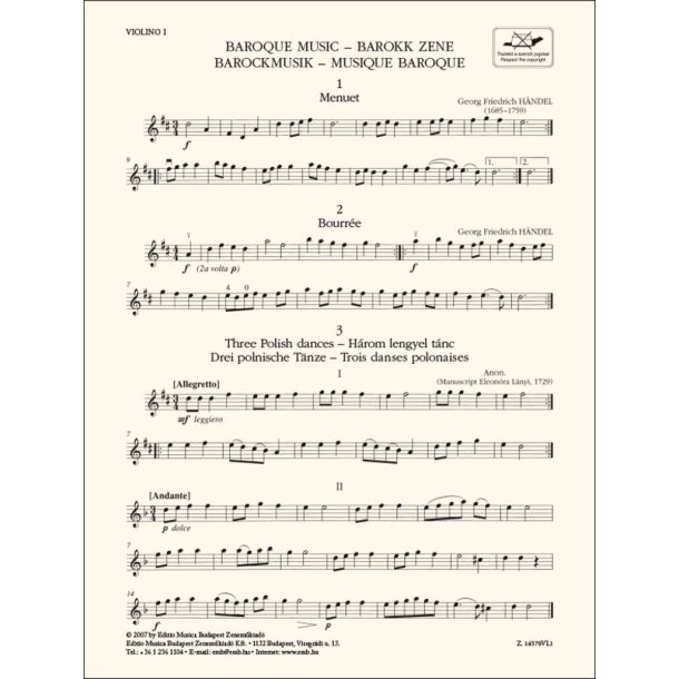 Baroque Music-Violin 1 : for three violins and cello or string quartet or youth string orchestra