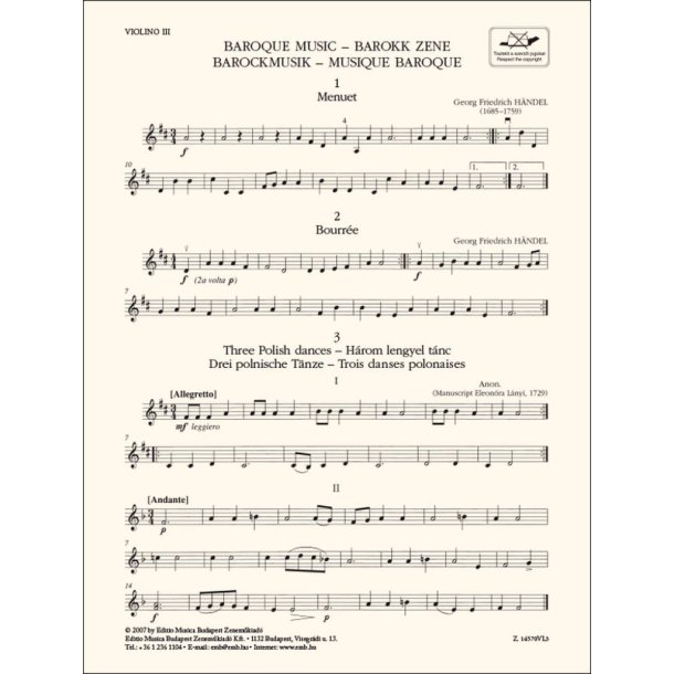Baroque Music-Violin 3 : for three violins and cello or string quartet or youth string orchestra