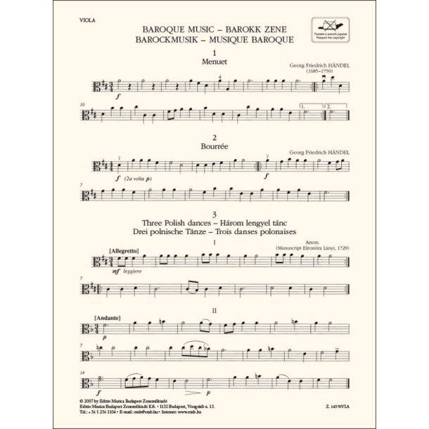 Baroque Music-Viola : for three violins and cello or string quartet or youth string orchestra