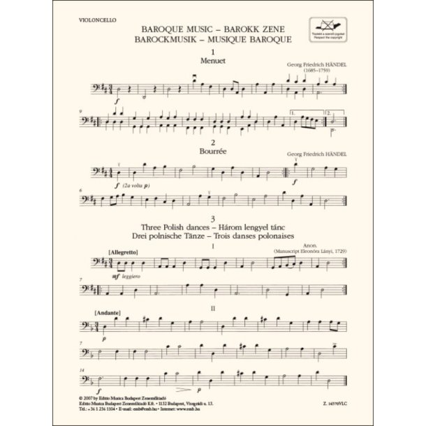 Baroque Music-Cello : for three violins and cello or string quartet or youth string orchestra