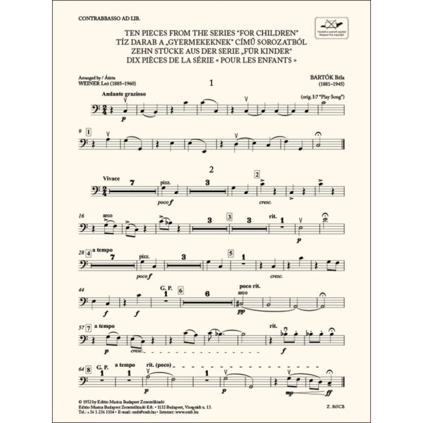 Ten Pieces from the Series 'For Children'-Bass : for three violins and cello or string quartet or youth string orchestra