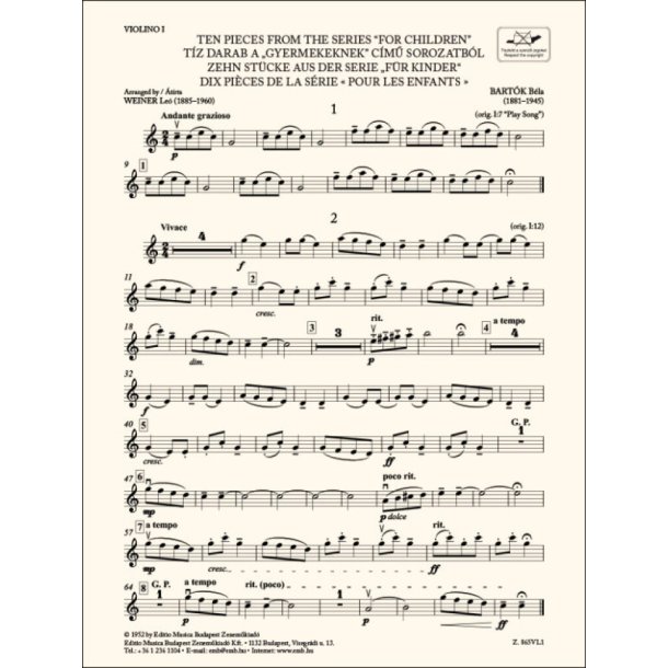 Ten Pieces from the Series 'For Children'-Violin 1 : for three violins and cello or string quartet or youth string orchestra