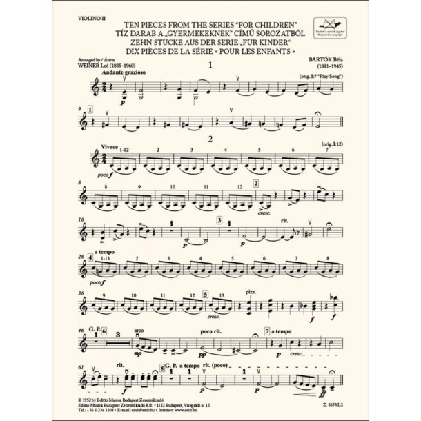 Ten Pieces from the Series 'For Children'-Violin 2 : for three violins and cello or string quartet or youth string orchestra
