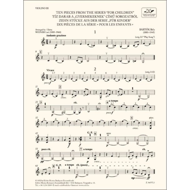Ten Pieces from the Series 'For Children'-Violin 3 : for three violins and cello or string quartet or youth string orchestra