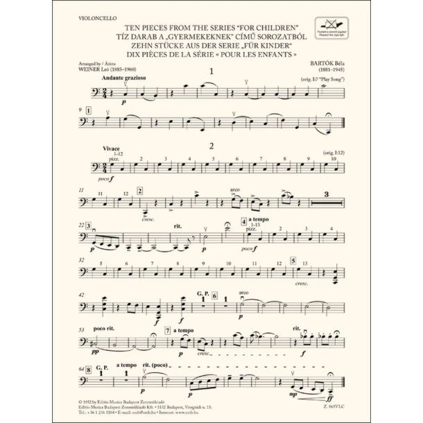 Ten Pieces from the Series 'For Children'-Cello : for three violins and cello or string quartet or youth string orchestra