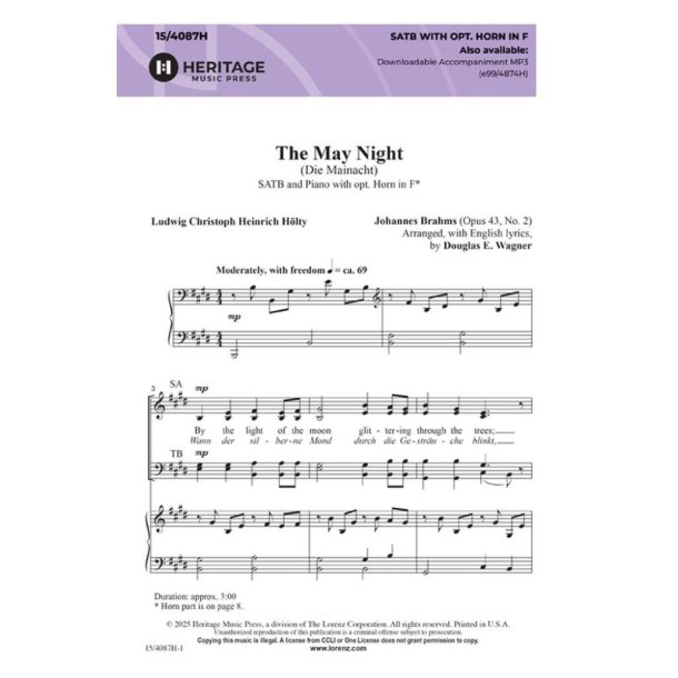 The May Night : (Die Mainacht) - SATB and Piano with op. Horn in F