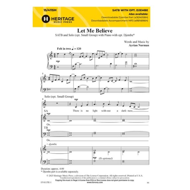 Let Me Believe : SATB and Piano with opt. Djembe