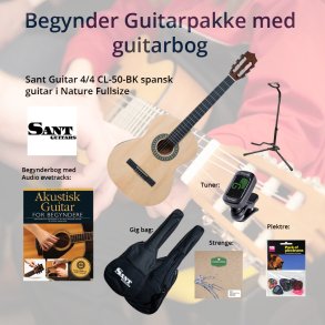Begynder basis guitarpakke med m. SANT 4/4 spansk/klassisk guitar - Nature