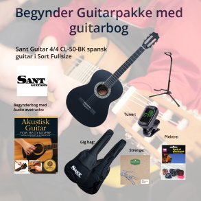Begynder basis guitarpakke med m. SANT 4/4 spansk/klassisk guitar - Sort