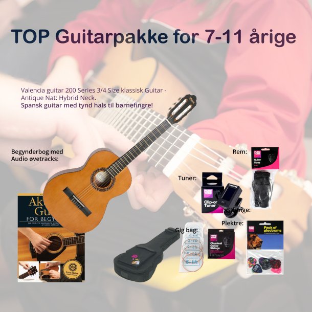 Begynder guitarpakke deluxe med 3/4 spansk/klassisk guitar fra Valencia i Naturfarve