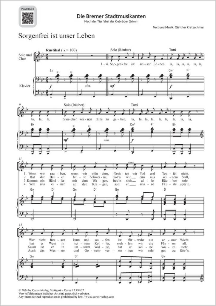 Sorgenfrei ist unser Leben : from: Die Bremer Stadtmusikanten. Nach der Tierfabel der Gebrüder Grimm