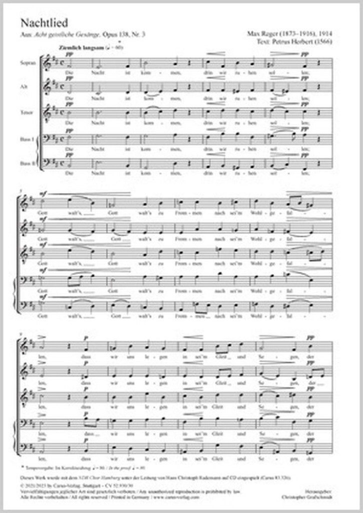 The night advances : aus: Acht geistliche Gesänge - Op. 138,3 - B minor