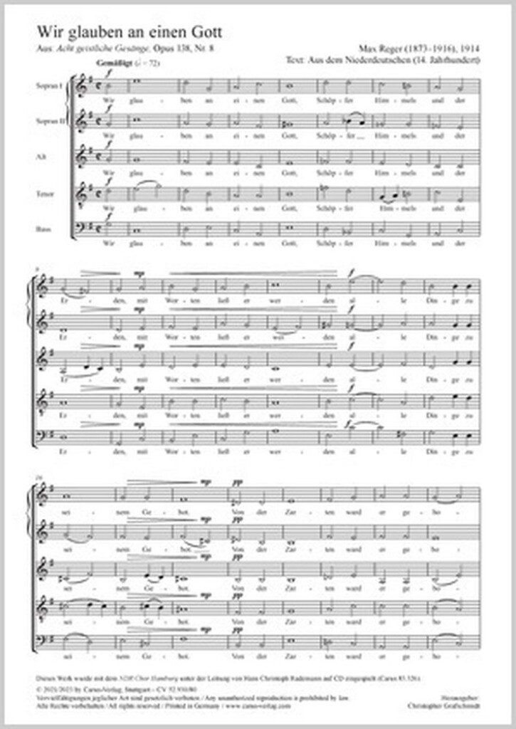 Our faith is in one true God : aus: Acht geistliche Gesänge - Op. 138,8 - G major