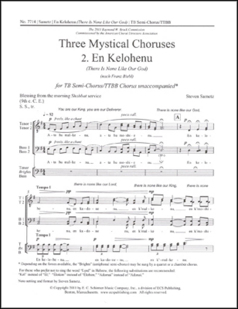 Three Mystical Choruses: No. 2 En Kelohenu : There Is None Like Our God