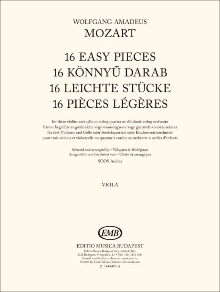 16 Easy Pieces - Viola : For three violins and cello or stringquartet or children's string orchestra