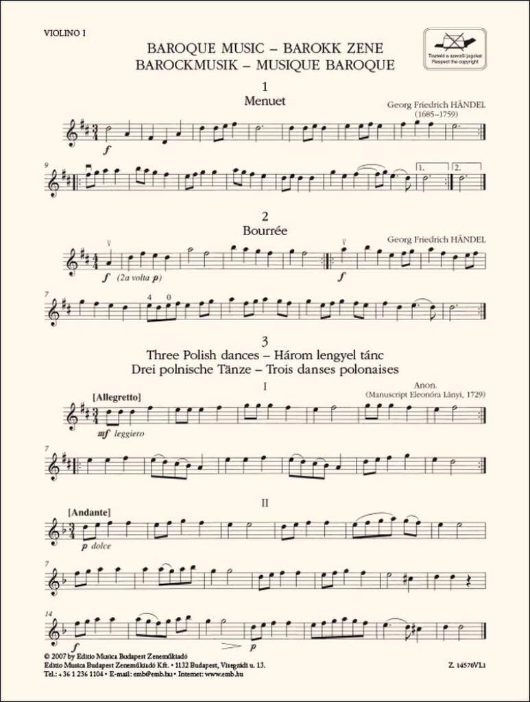 Baroque Music-Violin 1 : for three violins and cello or string quartet or youth string orchestra