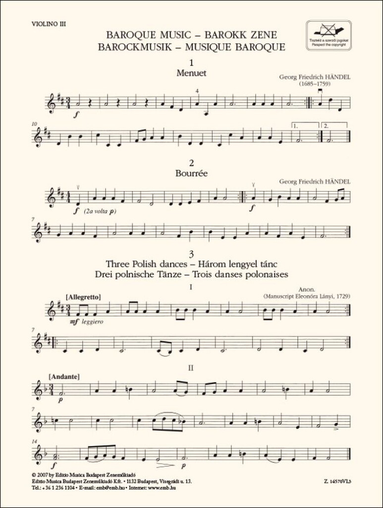 Baroque Music-Violin 3 : for three violins and cello or string quartet or youth string orchestra