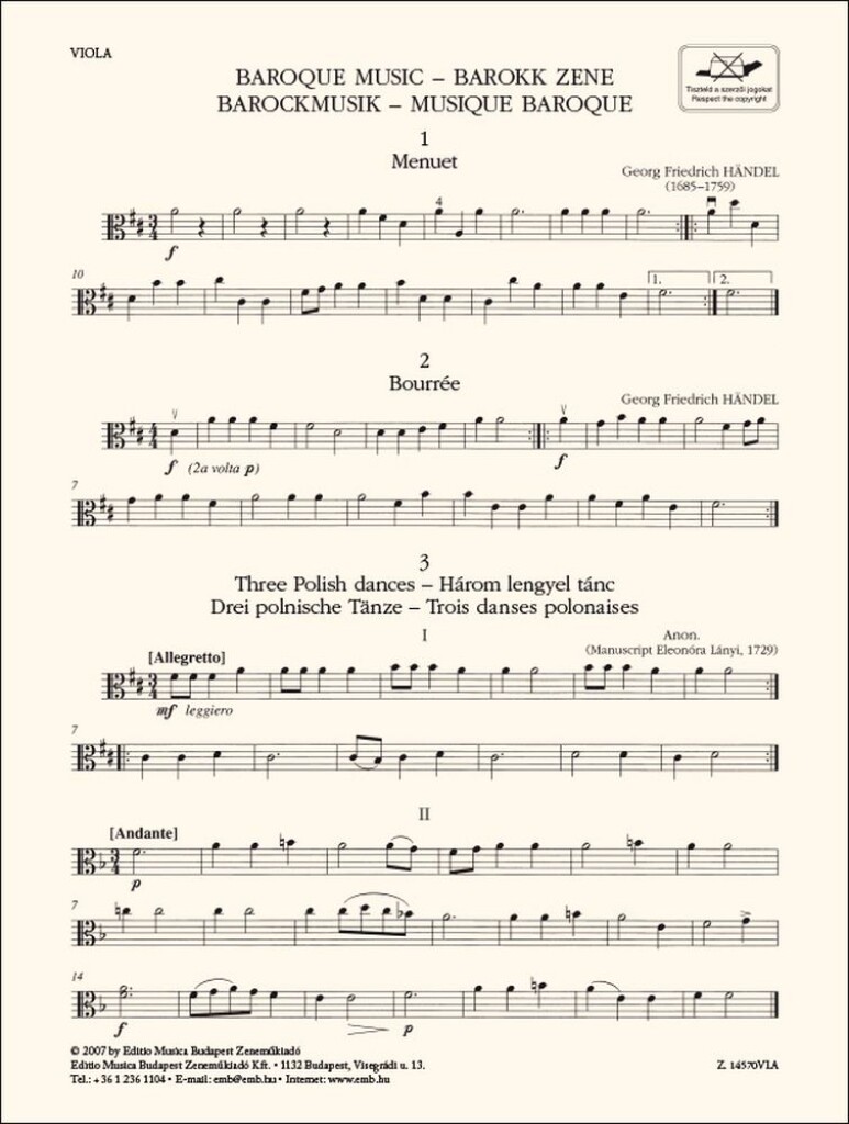 Baroque Music-Viola : for three violins and cello or string quartet or youth string orchestra