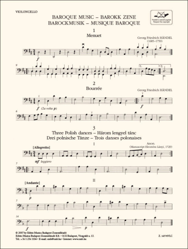 Baroque Music-Cello : for three violins and cello or string quartet or youth string orchestra