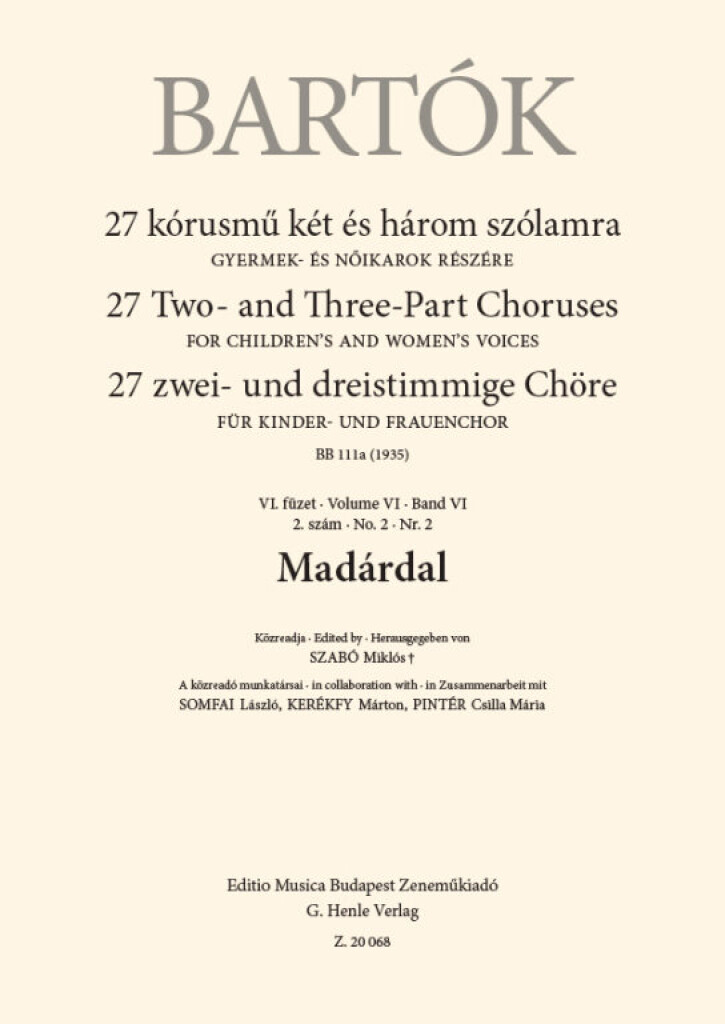 Madárdal : From 27 Two- and Three-Part Choruses for Children's and Women's Voices , Volume VII, No. 2