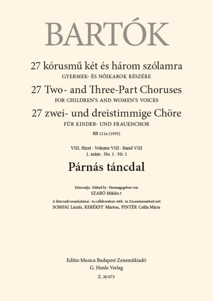 Párnás táncdal : 27 Two- and Three-Part Choruses for Children's and Women's Voices , Volume VIII, No. 1