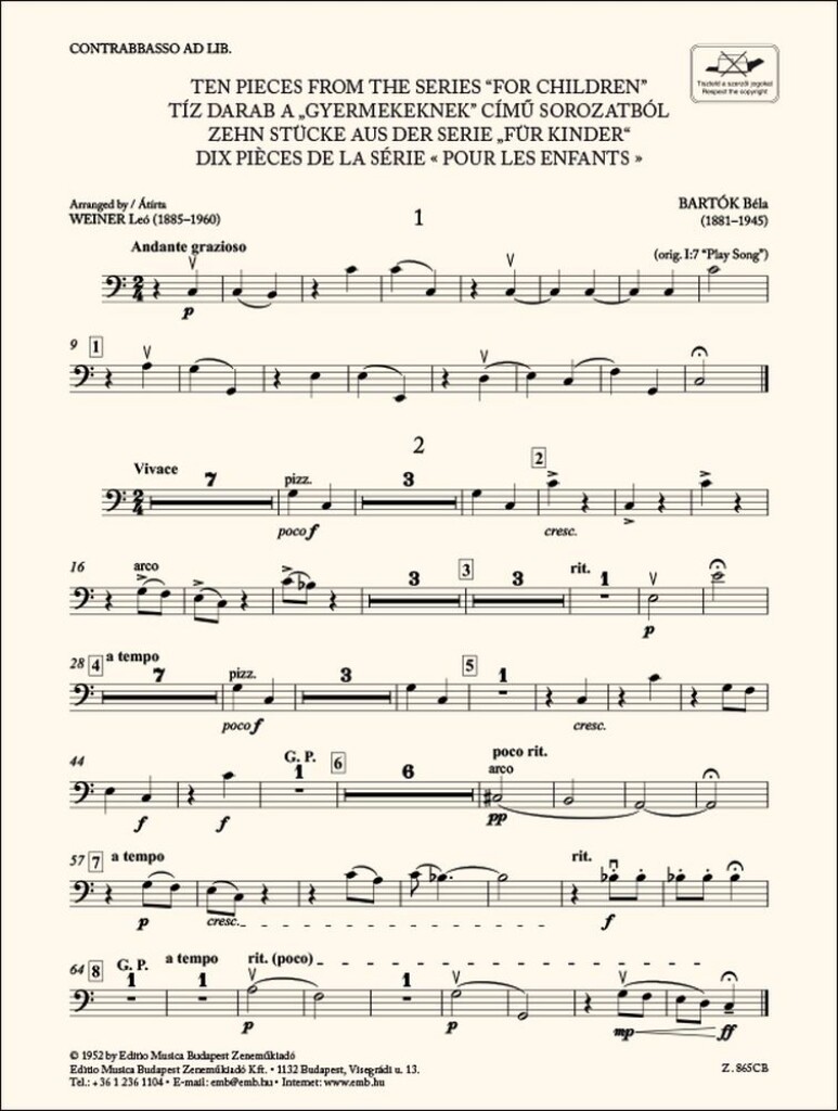Ten Pieces from the Series 'For Children'-Bass : for three violins and cello or string quartet or youth string orchestra