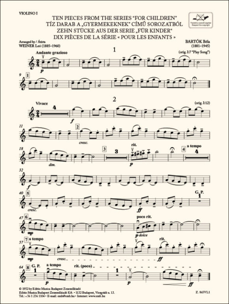 Ten Pieces from the Series 'For Children'-Violin 1 : for three violins and cello or string quartet or youth string orchestra