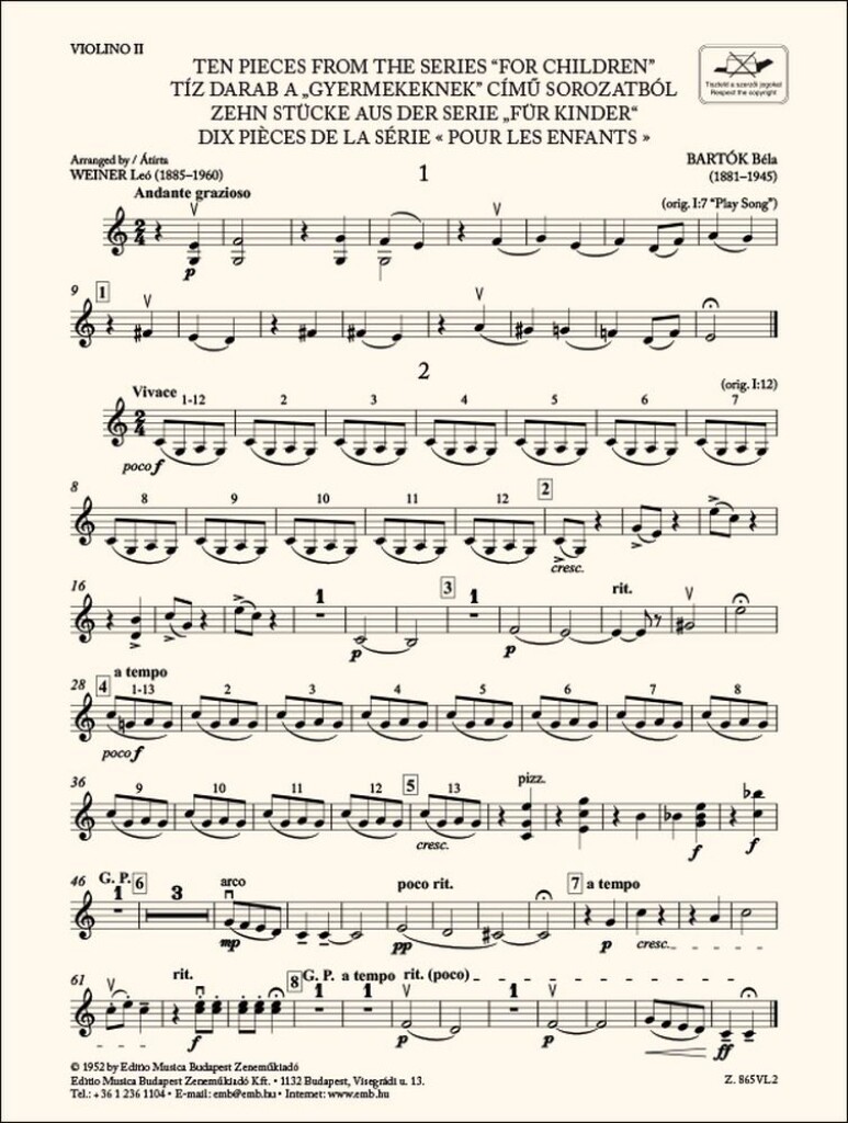 Ten Pieces from the Series 'For Children'-Violin 2 : for three violins and cello or string quartet or youth string orchestra