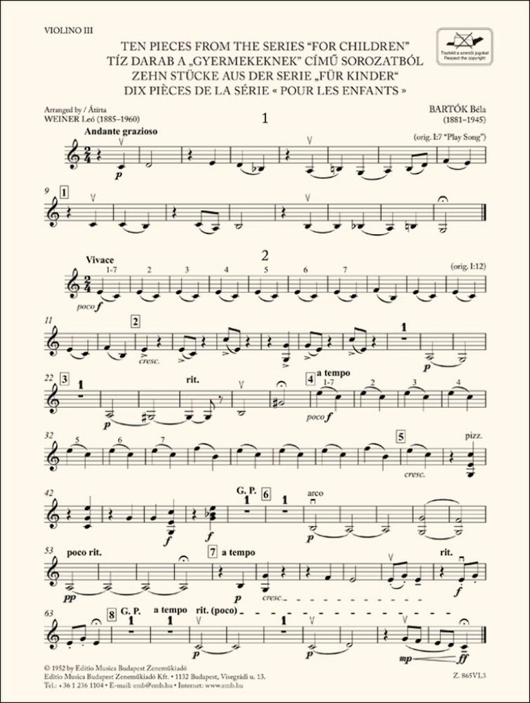 Ten Pieces from the Series 'For Children'-Violin 3 : for three violins and cello or string quartet or youth string orchestra