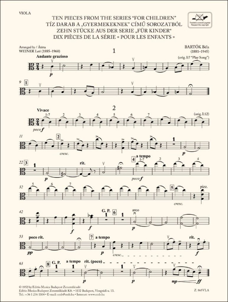 Ten Pieces from the Series 'For Children'-Viola : for three violins and cello or string quartet or youth string orchestra
