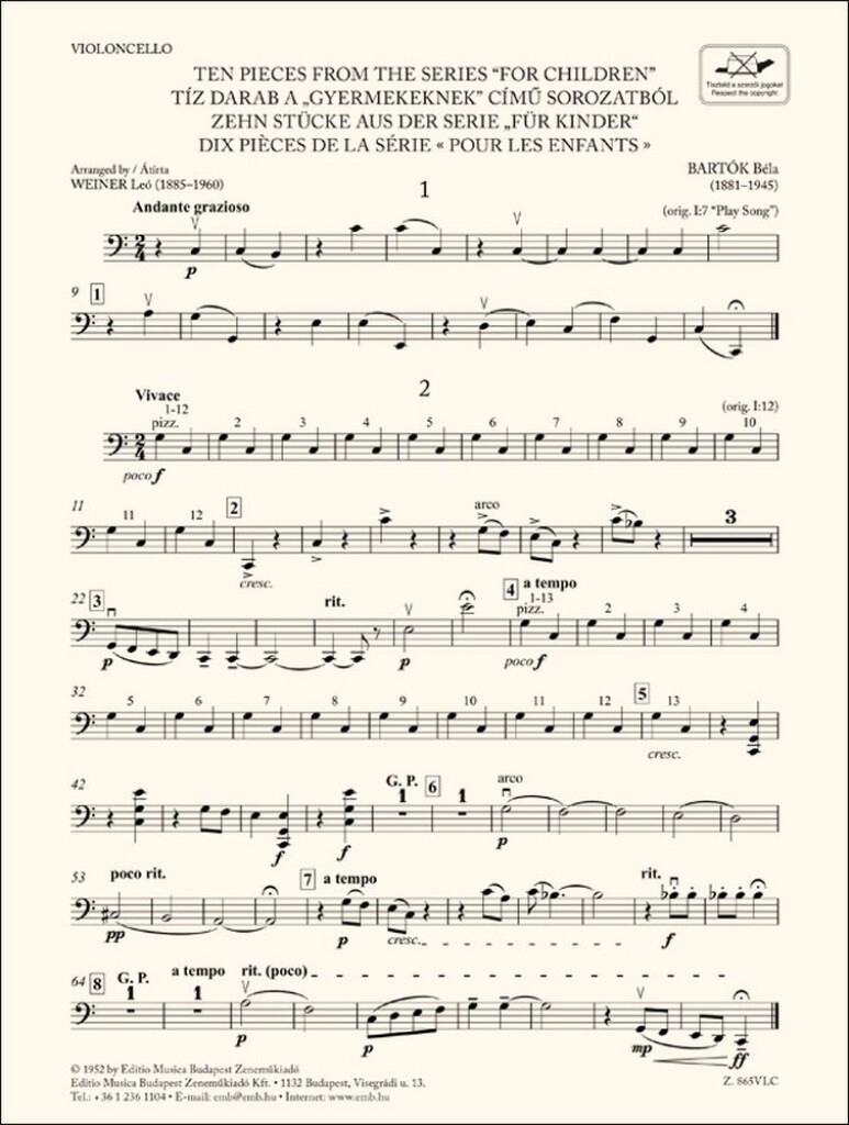 Ten Pieces from the Series 'For Children'-Cello : for three violins and cello or string quartet or youth string orchestra