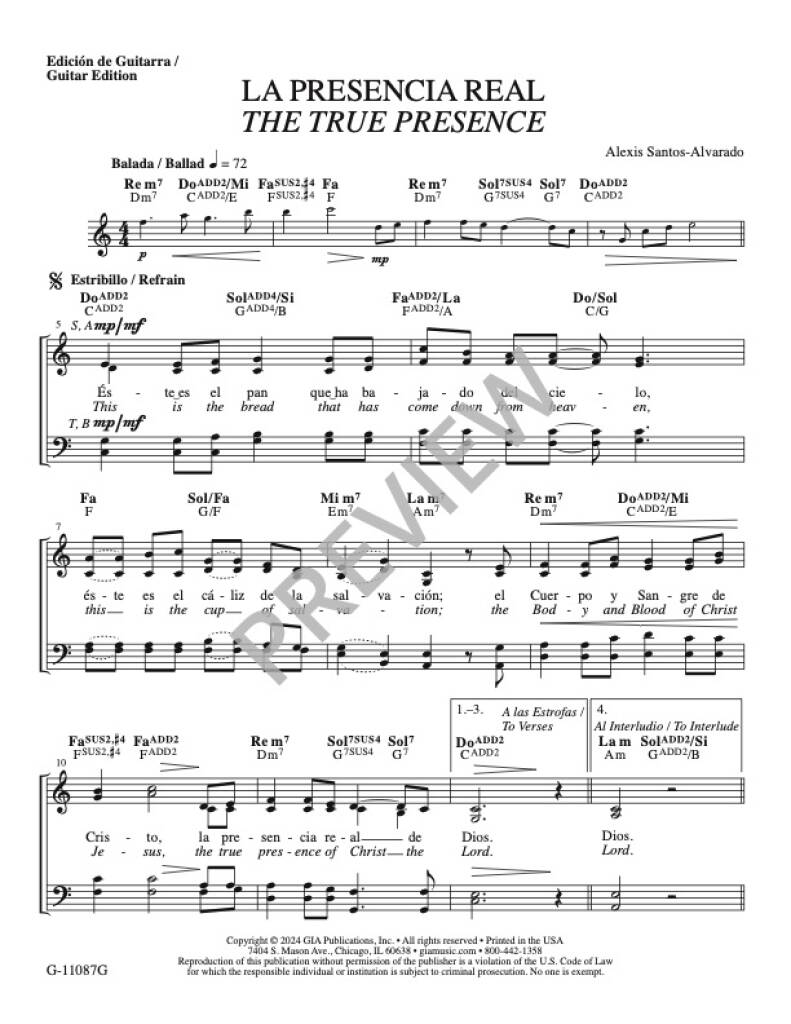 La Presencia Real / The True Presence : SATB, Cantor, Assembly, Keyboard and Guitar with Flute, Oboe and String Quartet