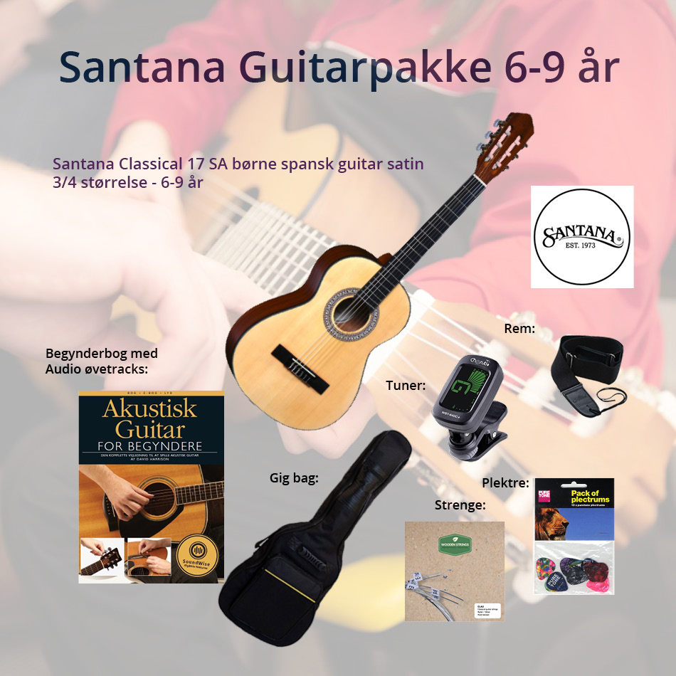 Begynder Santana guitarpakke Deluxe med 3/4 spansk/klassisk Santana guitar i Satin