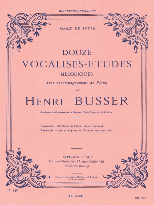 Henri Büsser: 12 Vocalises-Etudes - Edition A (sop/ten) (Voice & Piano)