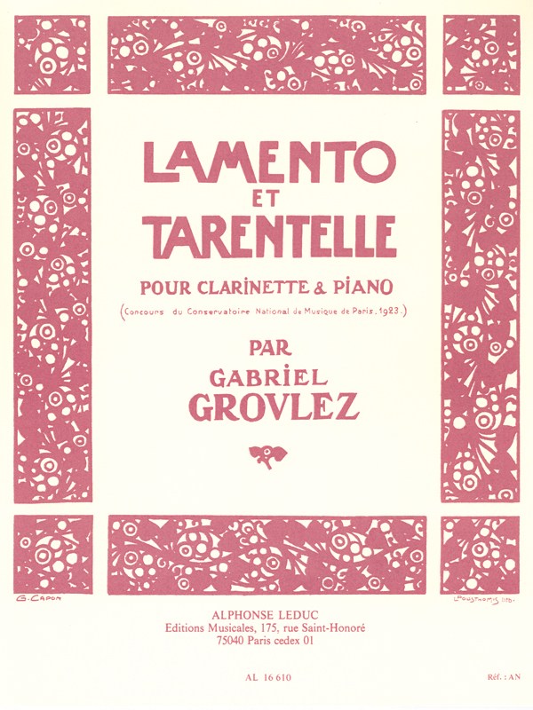 Gabriel Grovlez: Lamento et Tarantelle (Clarinet & Piano)