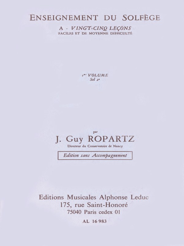 Ropartz 25 Lecons De Solfege Volume 1 Cle De Sol Sans Acc Book