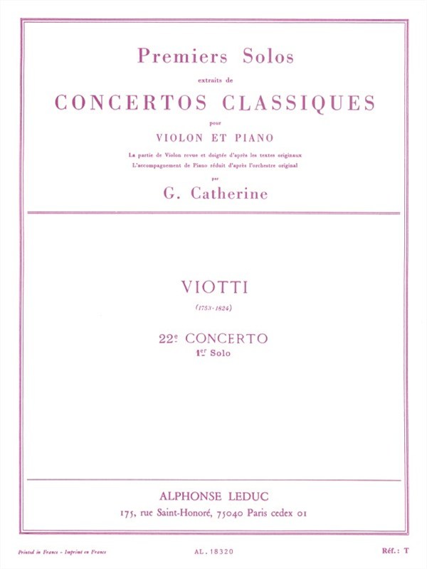 Georges Catherine: First Solos extracted from the Classic Concertos (Viotti''s Concert No. 22), for Violin and Piano