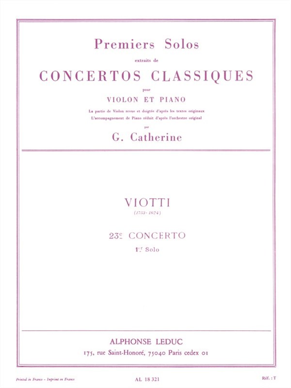 Georges Catherine: First Solos extracted from the Classic Concertos (Viotti''s Concert No. 23), for Violin and Piano