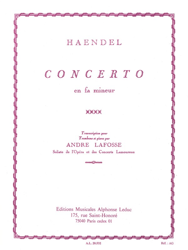 Handel Concerto In F Min Tbn/Pf Bk