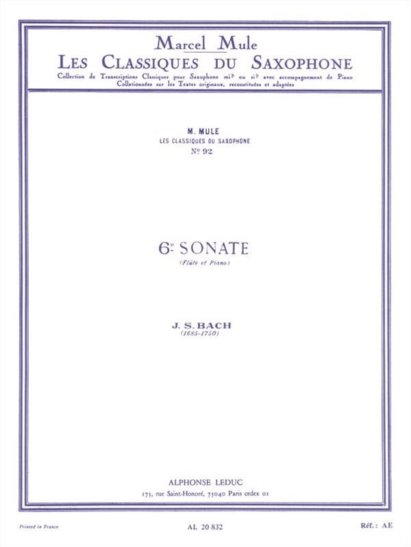 Johann Sebastian Bach: Sonata pour Flûte No.6 (Classiques No.92) (Saxophone-Alto & Piano)