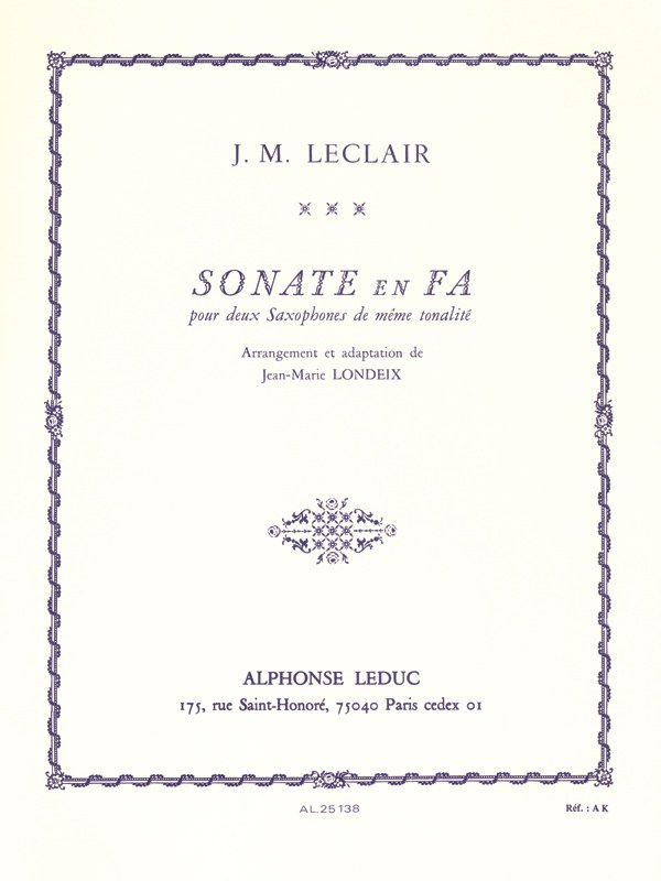 Jean-Marie Leclair: Sonate En Fa Pour Deux Saxophones De Meme Tonalite