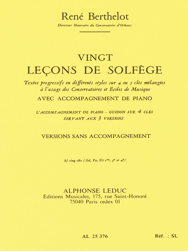 Berthelot 20 Lecons De Solfege B 5 Cles Sol Fa Ut 1ere 3eme 4eme S/Acc