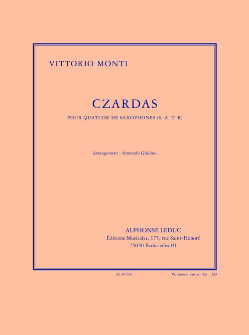 Monti: Czardas (5'30'') arrangement de A. Ghidoni pour 4 saxophones (s.a.t.b.) (partition et parties)